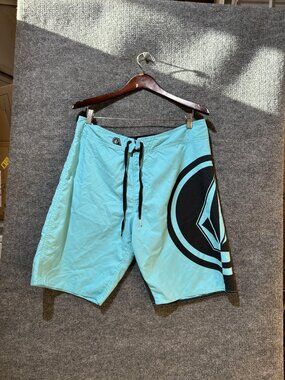 Volcom Board Shorts Mens 36 Blue Black Mega Circle Swim Trunks Drawstring Logo